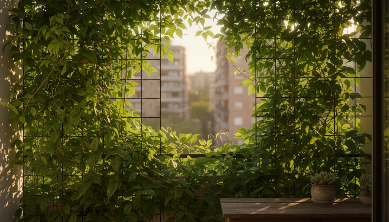 Lush green climbing plants on a metal trellis create a dense privacy screen on a small urban balcony during golden hour.