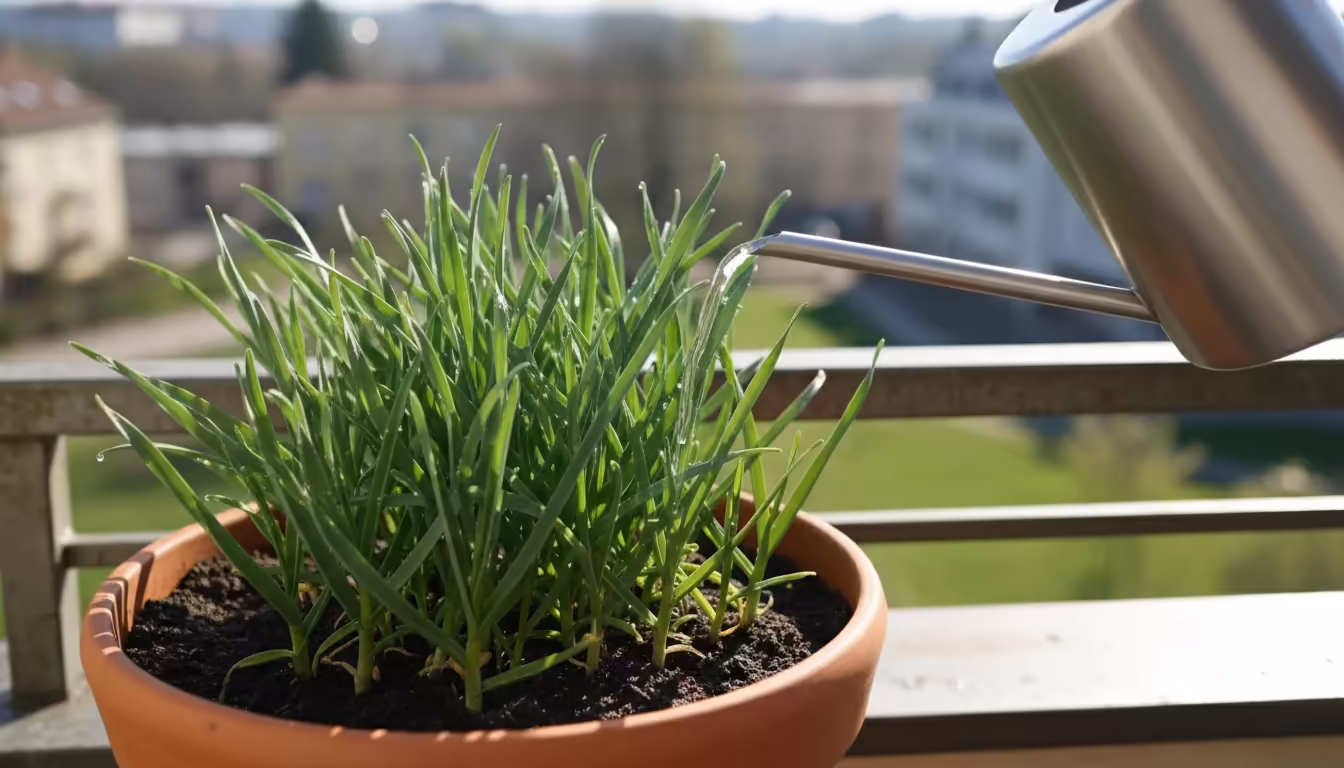 Lush green garlic plants in a terracotta pot on a sunny balcony are being watered, showing healthy, vigorous spring growth.