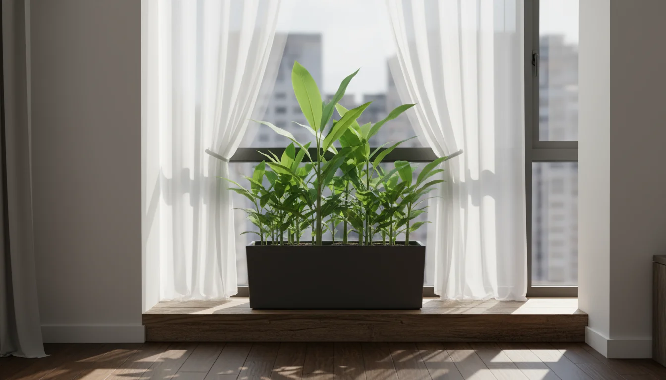 Lush green ginger plants in a rectangular planter by a sun-drenched window with a sheer white curtain diffusing light.