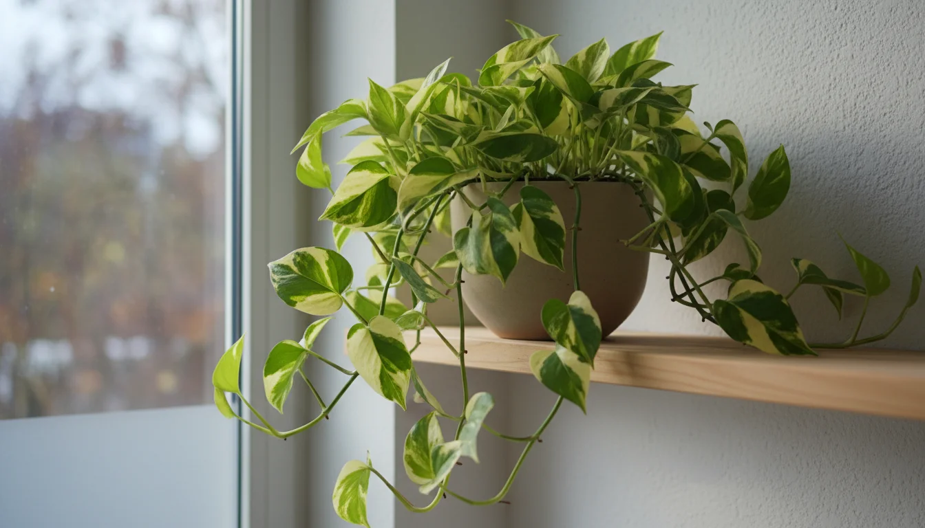 Lush green Pothos plant with long, trailing leaves in a terracotta pot on a wooden shelf, bathed in soft indoor light.