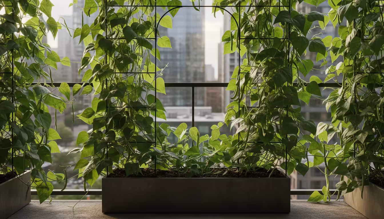 Lush green vining beans growing on a trellis in a long planter box, forming a shade curtain on an urban balcony with dappled sunlight.