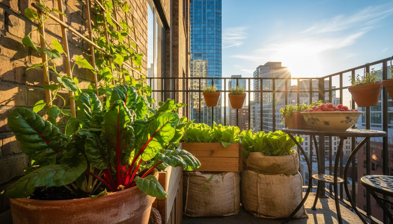 Lush heat-tolerant greens, including Swiss chard and Buttercrunch lettuce, thrive in various pots under dappled shade on a sunny urban balcony.