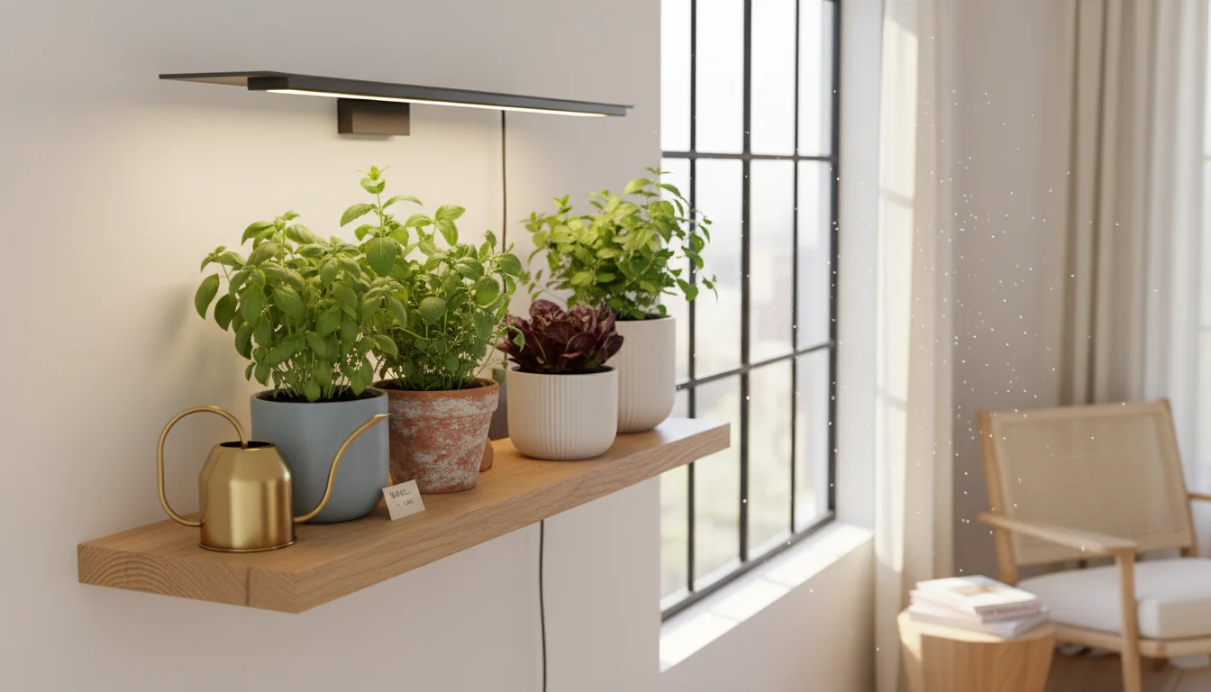 Lush herbs and leafy greens in decorative pots under an LED grow light, with a digital timer displaying the active light cycle.