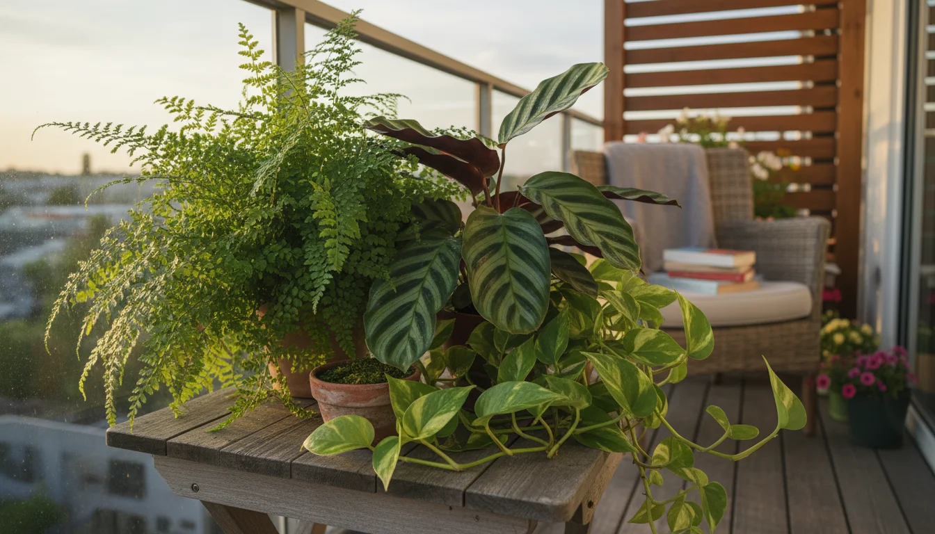 Lush houseplants, including a fern and calathea, grouped closely on a wooden table on a balcony. One sits in a terracotta cachepot with pebbles and wa