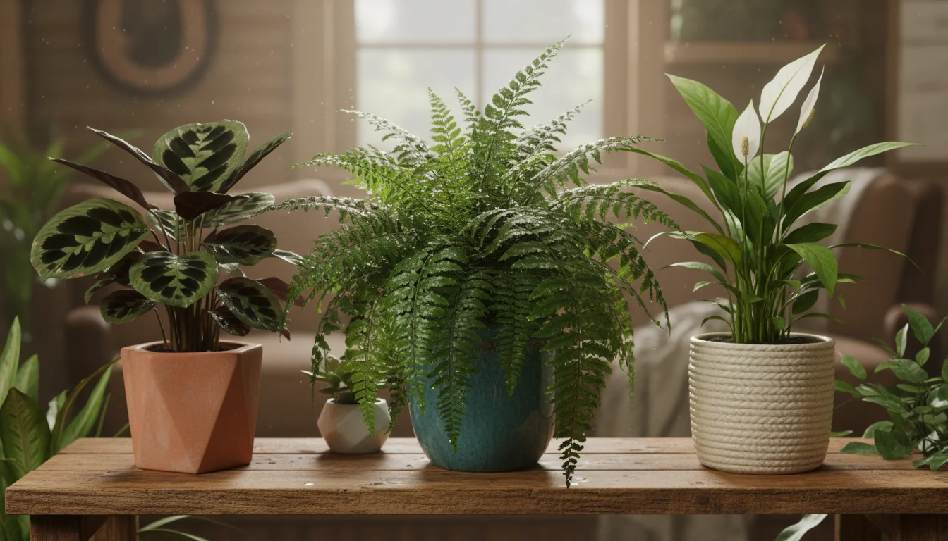 Lush houseplants like a fern, calathea, and peace lily grouped on a wood shelf, their green leaves glistening with moisture.
