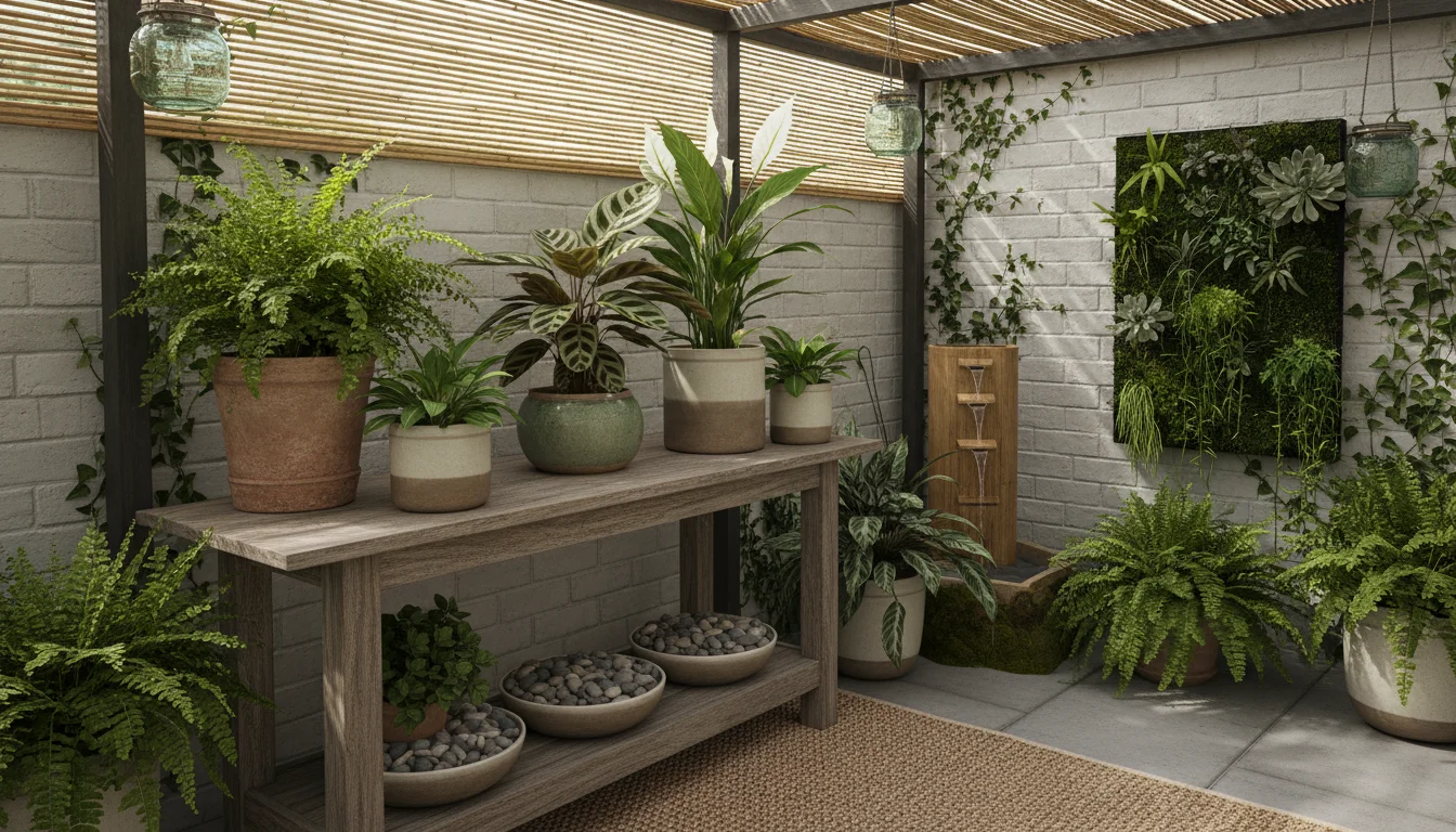 Lush houseplants on a weathered wooden table with pebble trays on a small urban patio.