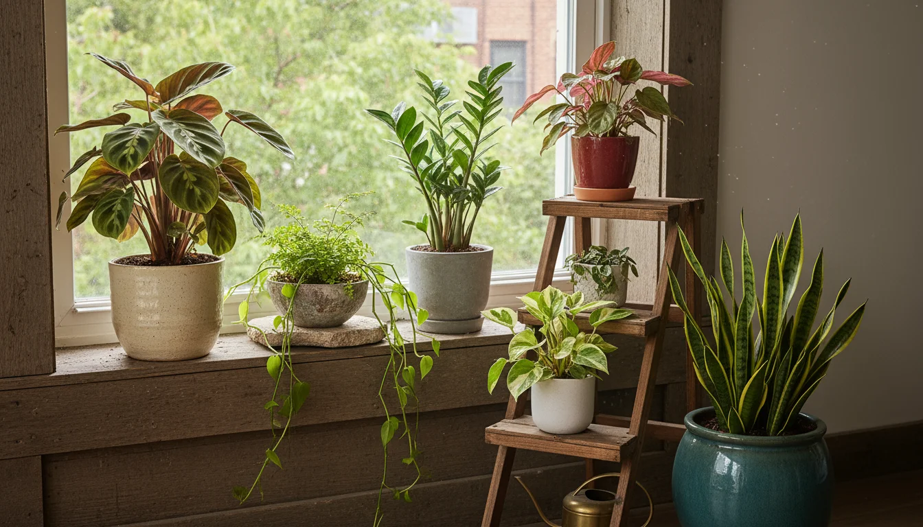 A lush indoor garden display of varied green plants in ceramic and terracotta pots on a window sill and a small stand.