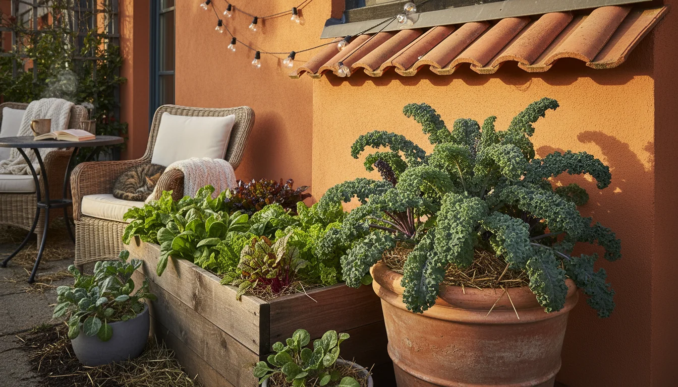 Lush kale in a terracotta pot against a warm house wall and carrots in a wooden planter on a patio at sunset.