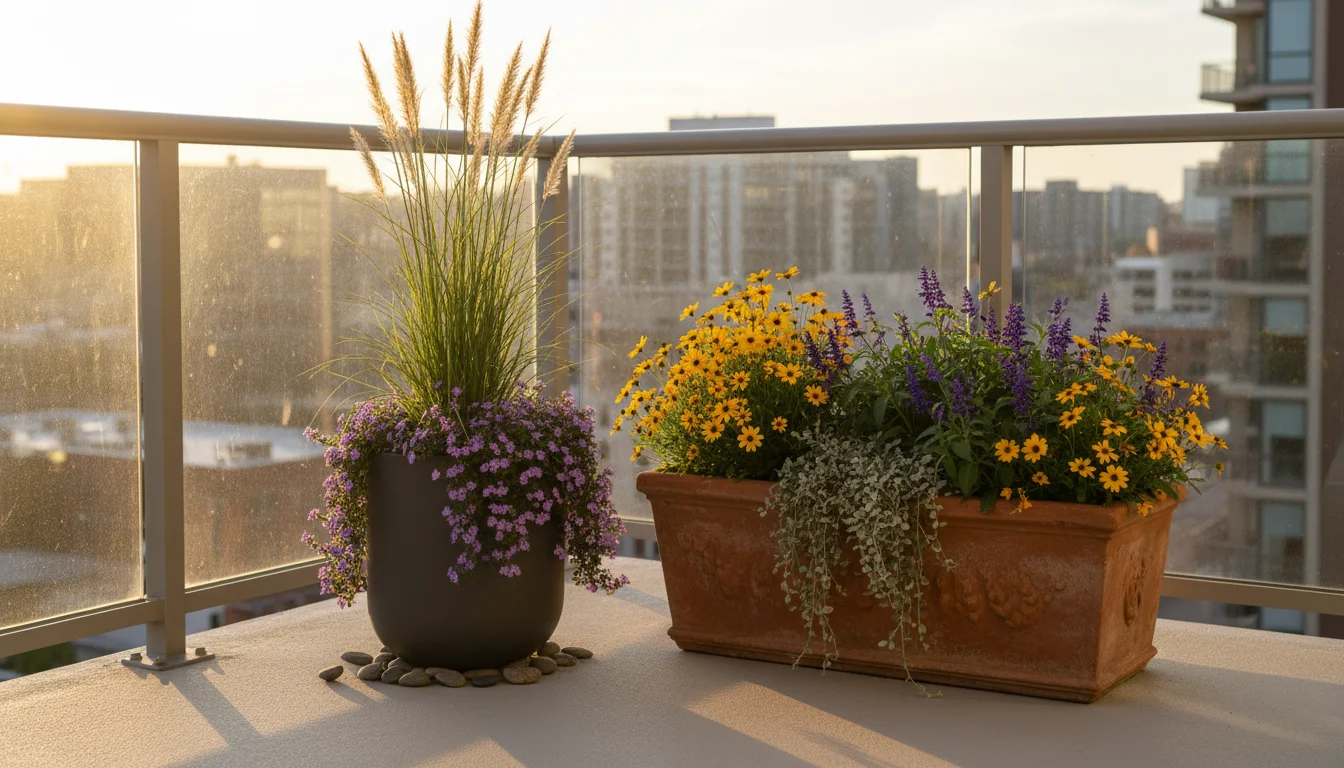 A lush, layered balcony garden featuring tall ornamental grass, bushy petunias and lavender, and trailing petunias cascading from planters.