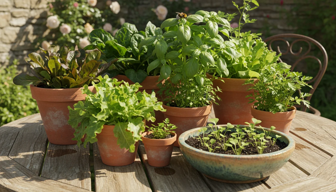 Lush leafy greens, herbs, and radish tops thrive in assorted pots on a sunlit patio; a hand gently touches a basil leaf.
