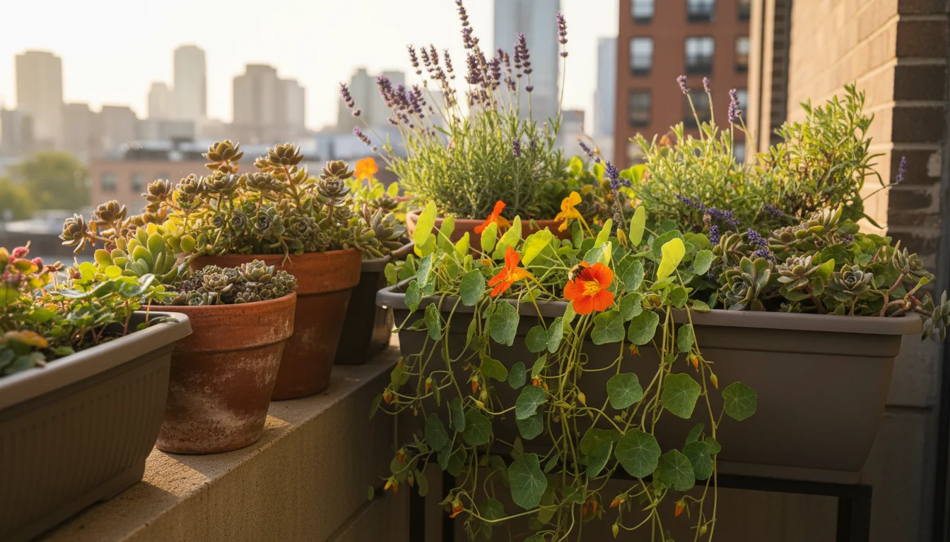 Lush, low-maintenance container garden with lavender, sedum, and nasturtiums thriving on an urban balcony, glistening with morning dew.