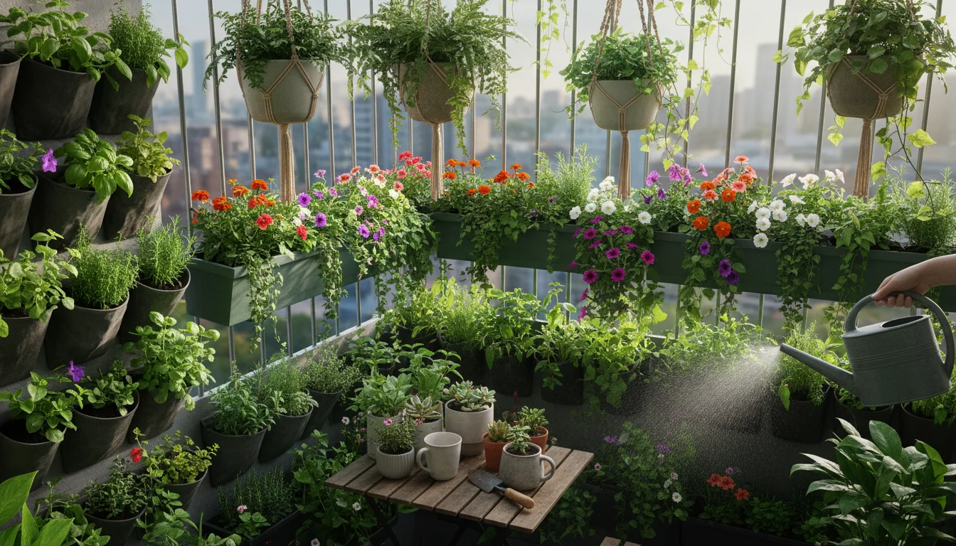 Elevated view of a lush, multi-layered urban balcony garden featuring dense vertical wall planters, overflowing railing boxes, and hanging plants.