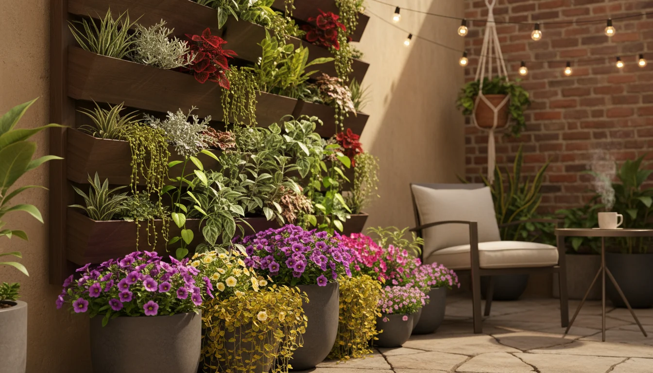 Lush, multi-tiered vertical garden on an urban patio wall, featuring ground pots and a sleek wall-mounted planter brimming with diverse plants.
