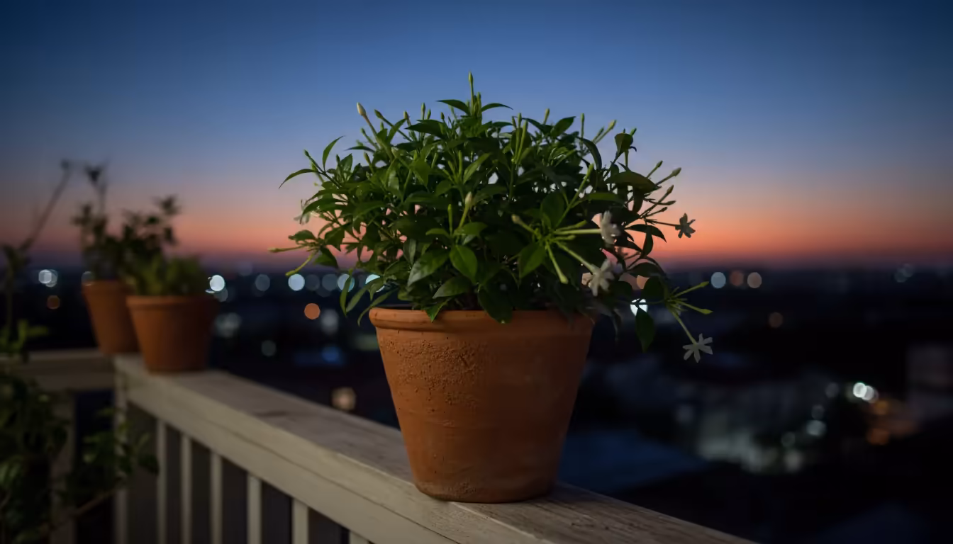 Lush Night Blooming Jasmine in a terracotta pot on a wooden balcony railing at deep dusk, subtle flowers visible, blurred city lights background.