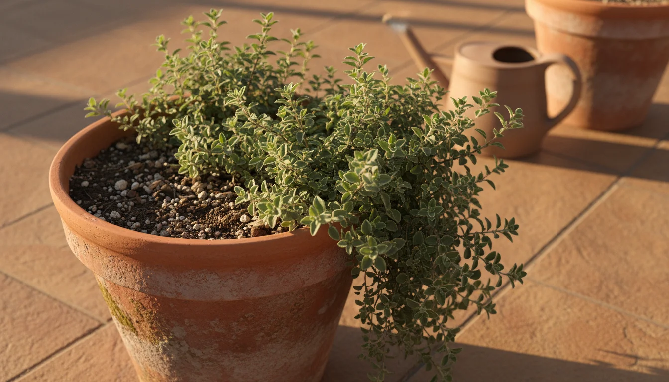 Lush oregano plant spilling from a terracotta pot on a sunny patio, with visibly dry soil, bathed in golden hour sunlight.