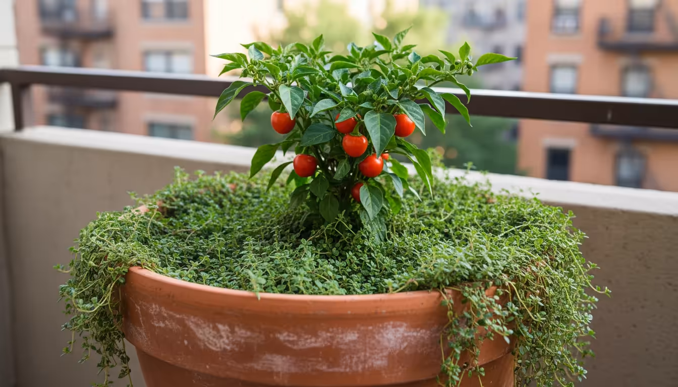 Lush pepper plant in a large terracotta pot on a balcony, with vibrant creeping thyme groundcover looking moist and healthy.