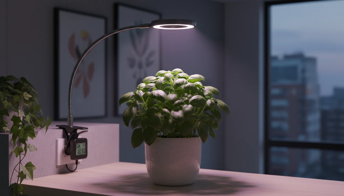Lush potted basil plant under a compact LED grow light on a clean shelf. A digital timer is visible in the background.