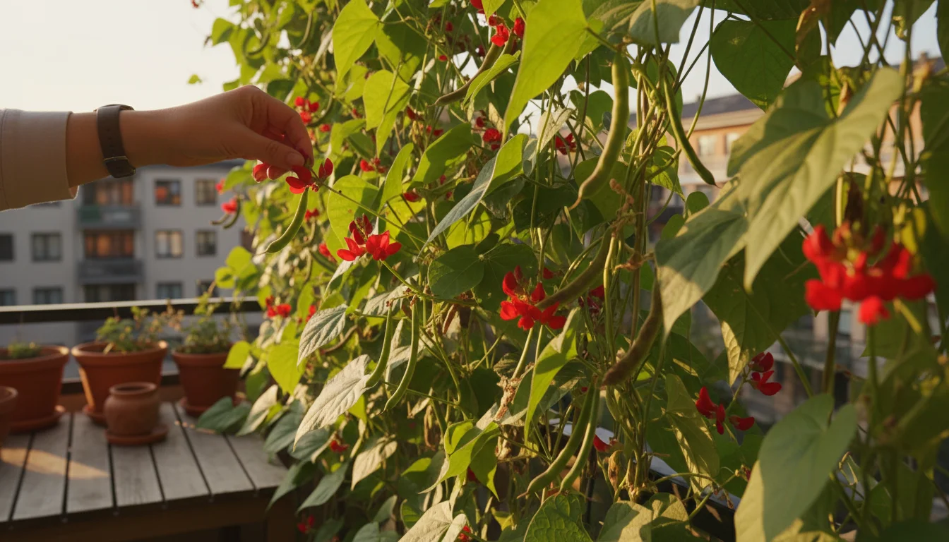 Lush scarlet runner bean curtain on urban balcony trellis, showing red flowers, green pods, drying seed pods. Hand gently plucks a flower.