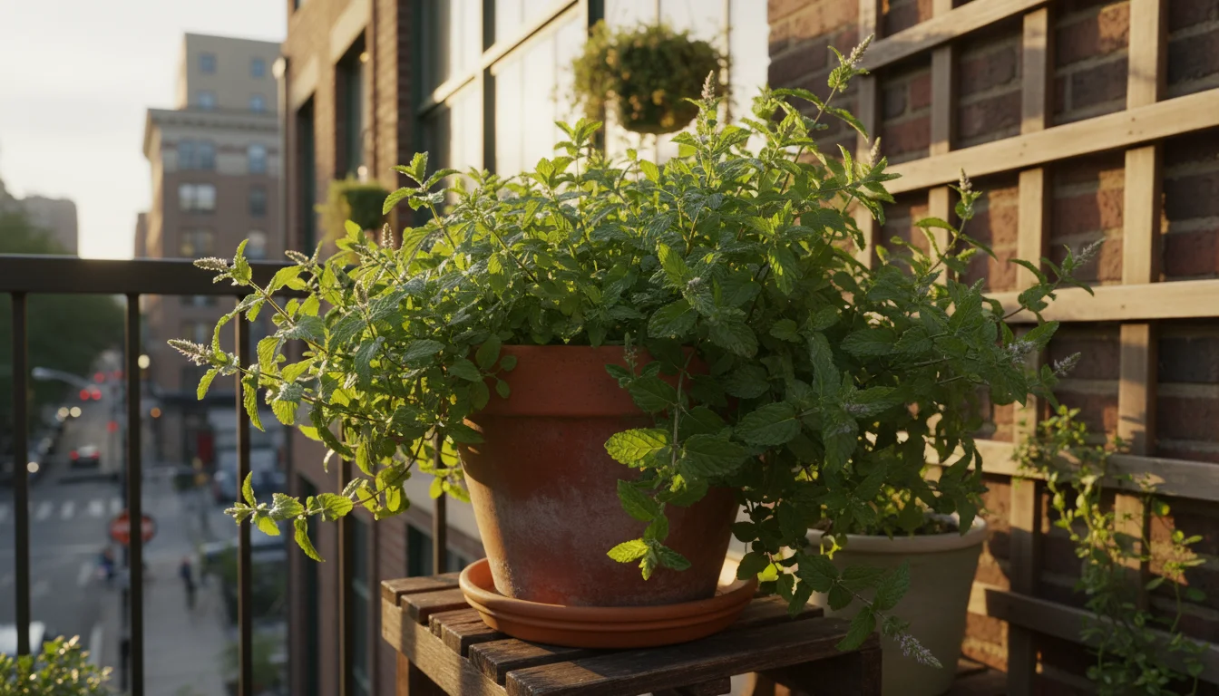Lush spearmint plant overflowing a terracotta pot on a wooden stand in a sun-dappled urban balcony corner.