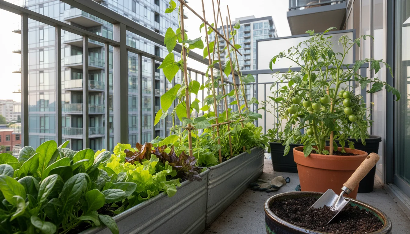 Lush spinach and lettuce in a trough, a tomato plant with green fruit in a terracotta pot, and a refilled ceramic pot with a trowel, on a small urban