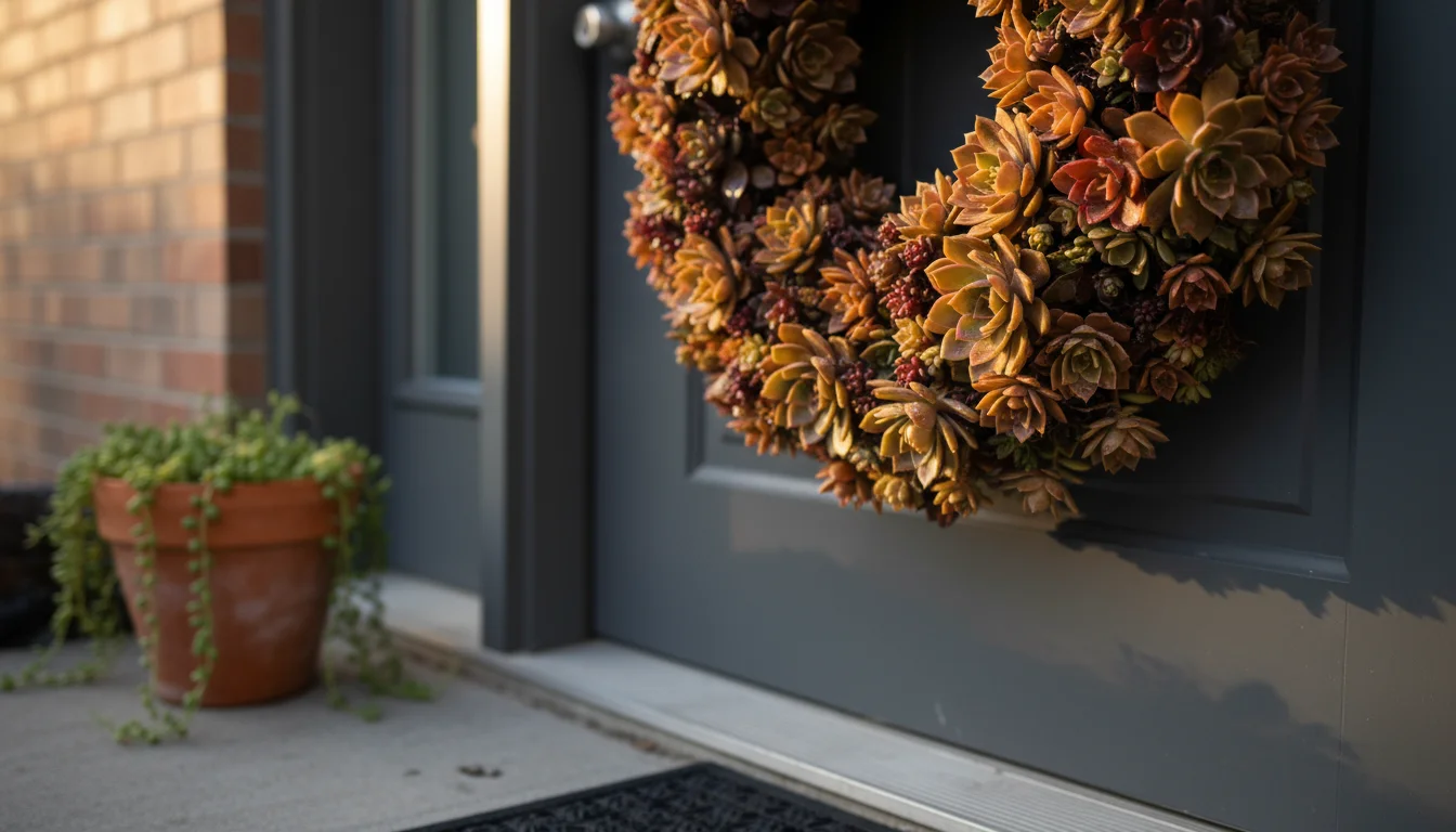 A lush succulent wreath with fall-colored plants hangs on a dark apartment door, bathed in soft morning light.