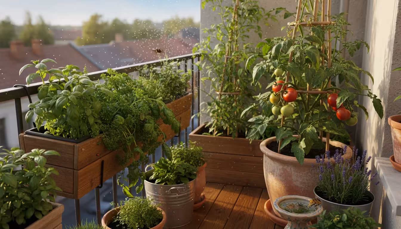 Lush, sun-drenched balcony garden section. Self-watering window box with vibrant herbs, robust tomato plant, and glistening water droplets.