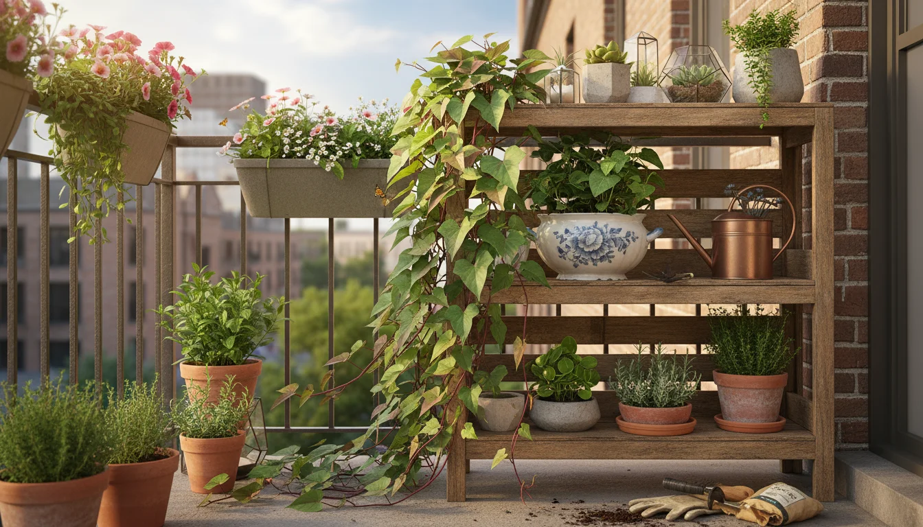 Lush sweet potato vine cascading from a repurposed ceramic soup tureen on a rustic wooden shelf on a small balcony.