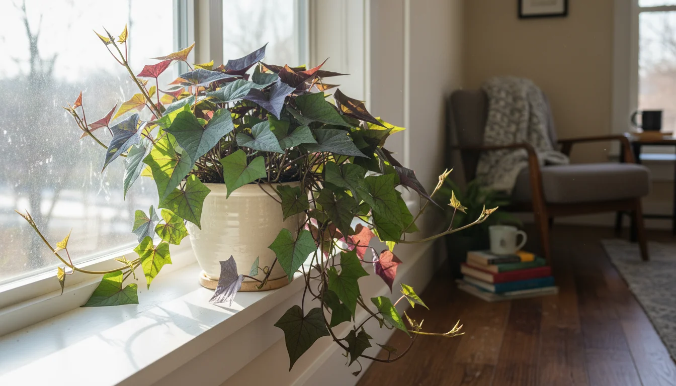 A lush sweet potato vine with green and purple heart-shaped leaves cascading from a ceramic pot on a bright windowsill indoors during winter.
