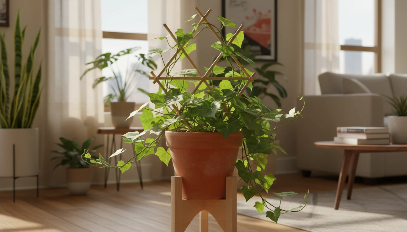 Lush sweet potato vine in a terracotta pot on a wooden stand, climbing a bamboo trellis, in a sunlit urban living room corner.