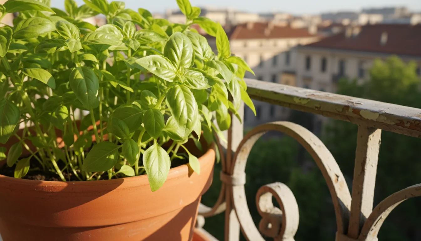 Lush, tender new growth on an overgrown basil plant in a terracotta pot on a sunny urban balcony railing, with tiny green aphids visible on the newest