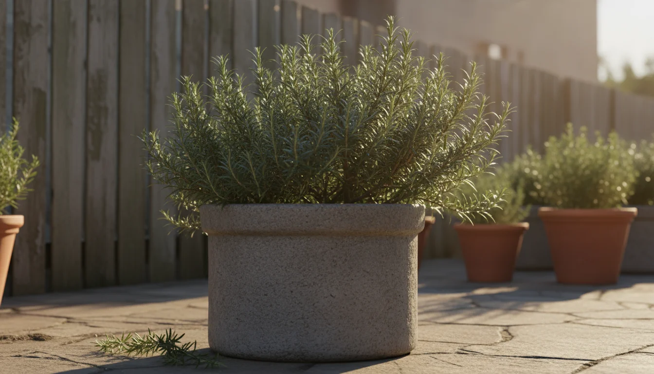 A lush, thriving rosemary bush in a large concrete planter on a sunny urban patio, its silvery-green foliage vibrant.