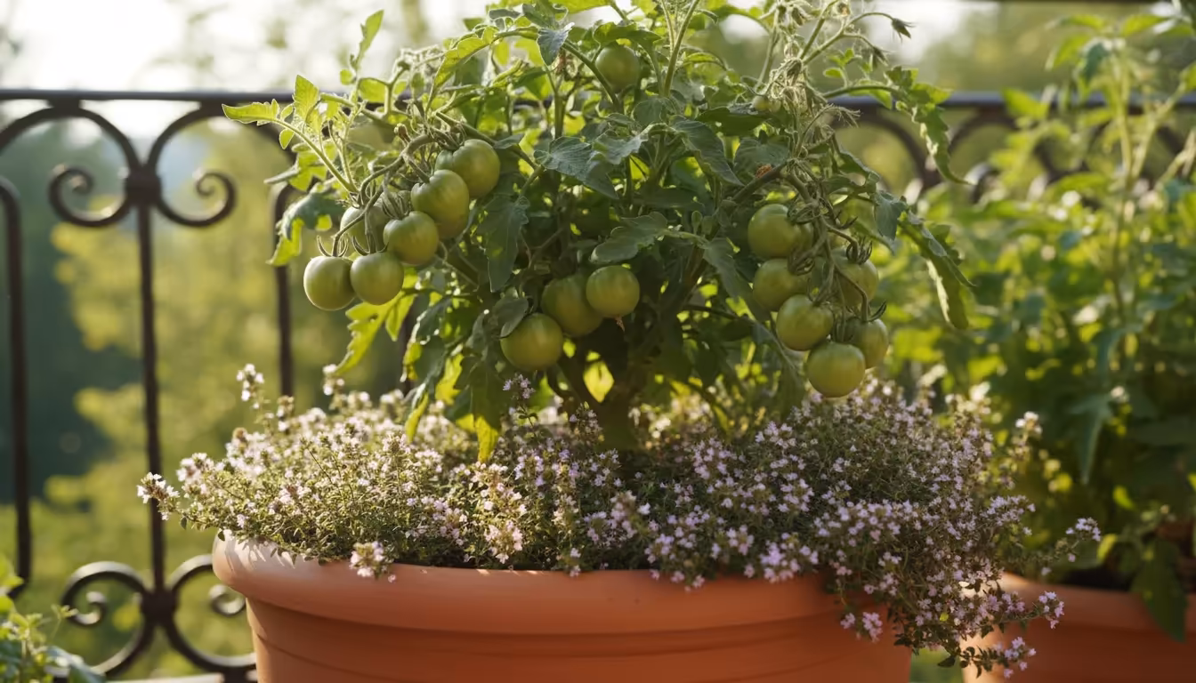 A lush tomato plant grows in a large ceramic pot on a sunny balcony, its base covered by a dense mat of flowering creeping thyme.