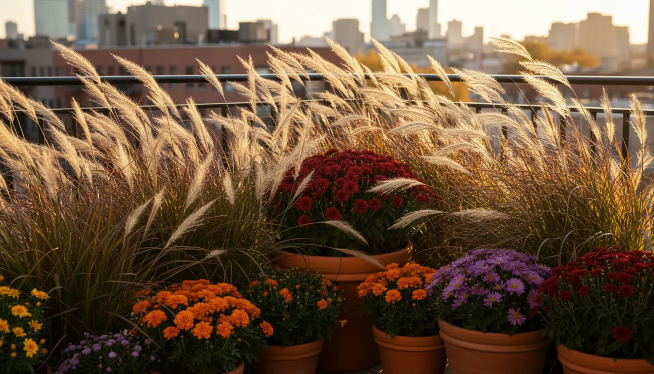 Lush urban balcony corner in autumn, with tall ornamental grasses forming a protective layer for colorful fall flowers in pots.