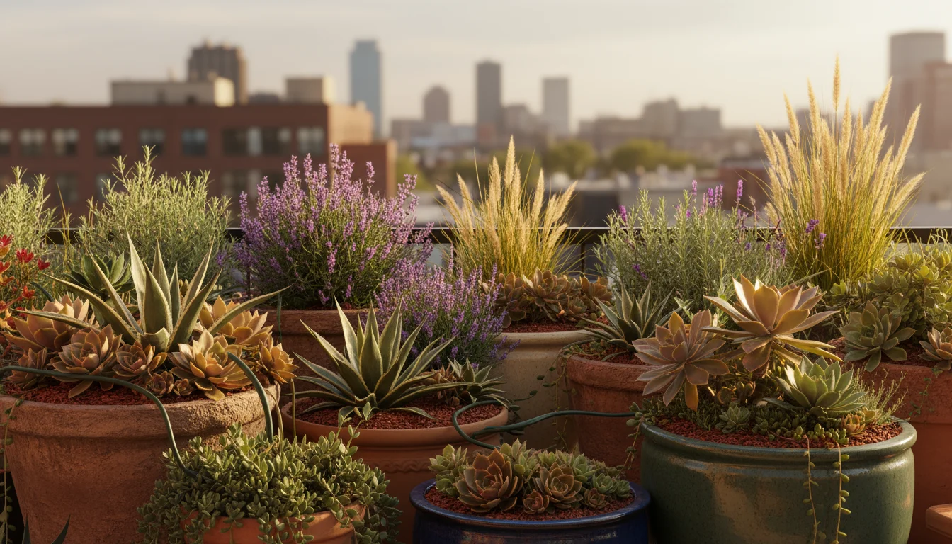 A lush urban balcony garden featuring diverse drought-tolerant plants like succulents, lavender, and ornamental grasses in mulched pots with a drip li