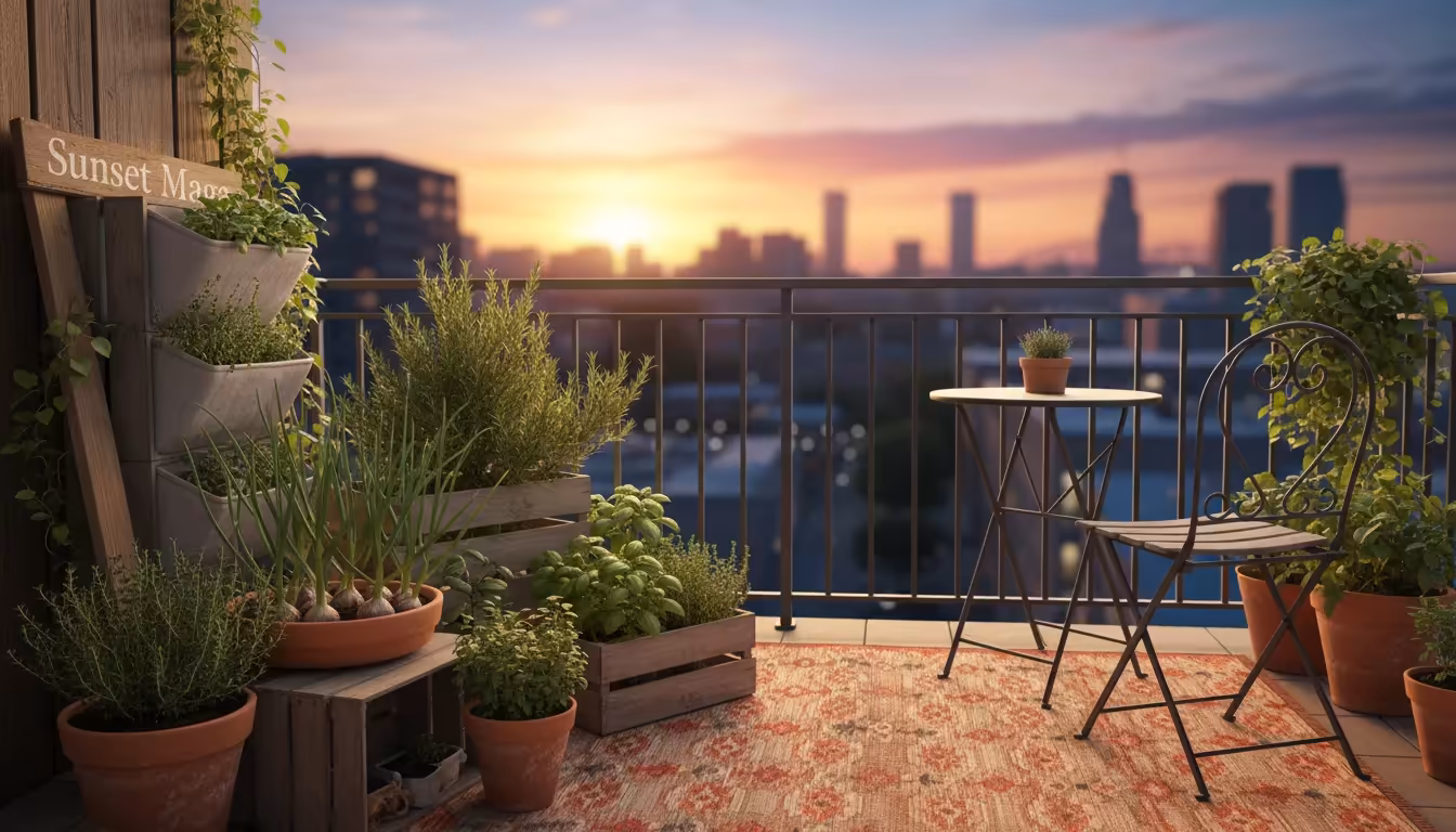 Lush urban balcony garden at golden hour, featuring thriving garlic pots, herbs, and varied containers, with an empty chair.