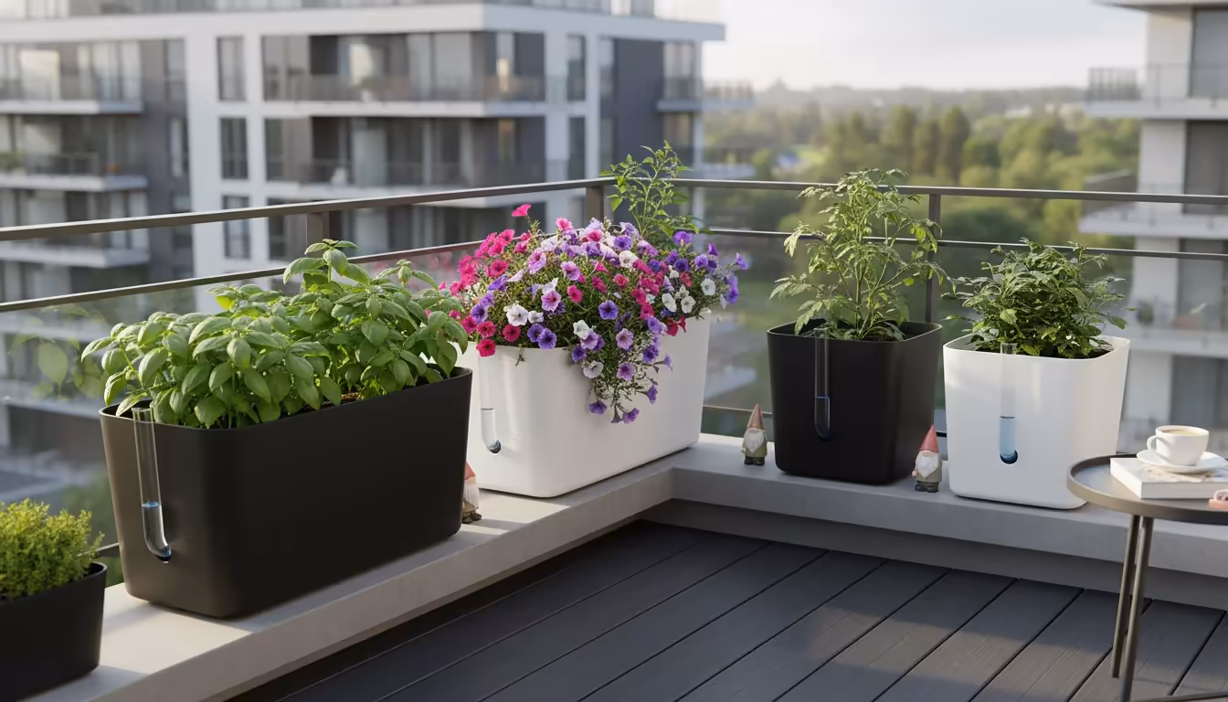 Lush urban balcony garden featuring stylish self-watering planters and discreet drip irrigation lines, with vibrant, healthy herbs and flowers.