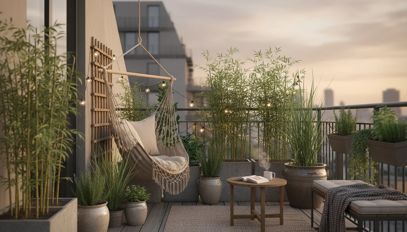Lush urban balcony garden with tall container plants and a wooden privacy screen creating a secluded, intimate outdoor room.