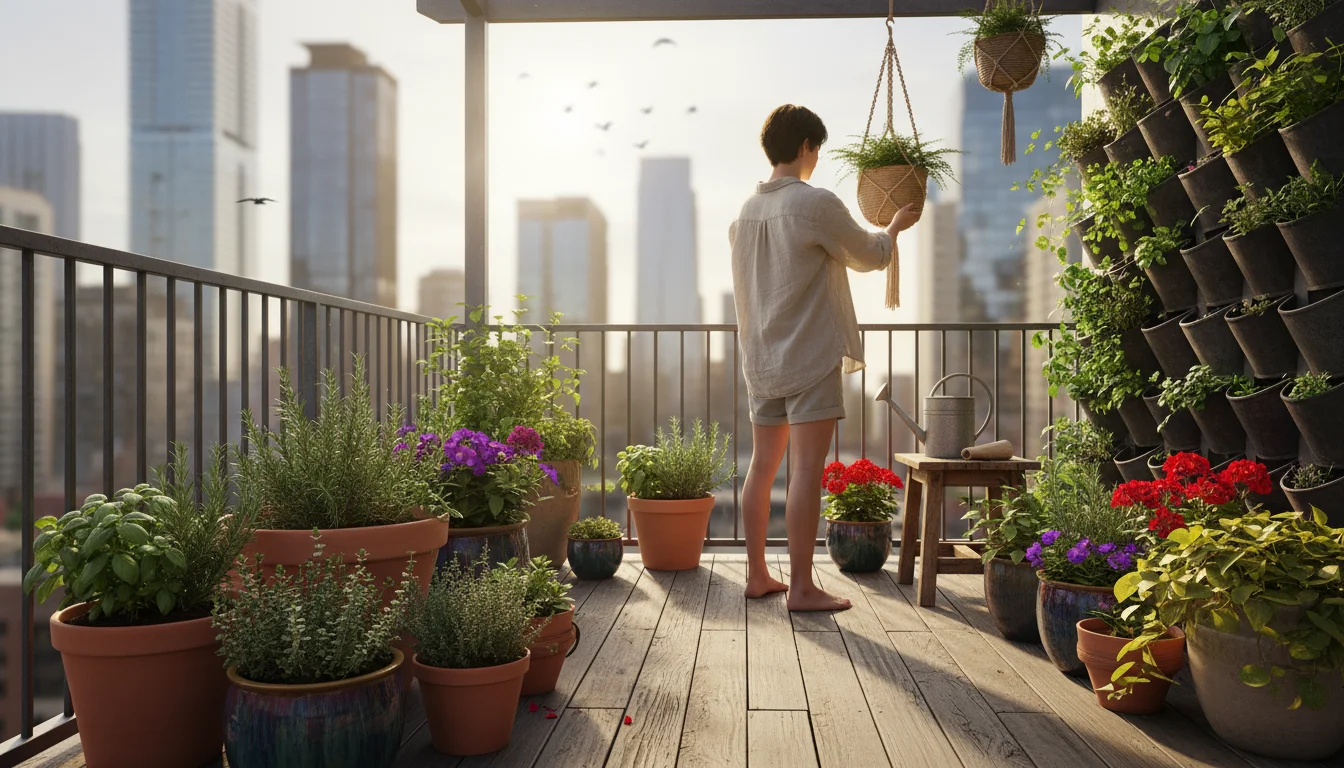Elevated view of a lush urban balcony garden with various container herbs. A person gently tends to a hanging basket, city in background.
