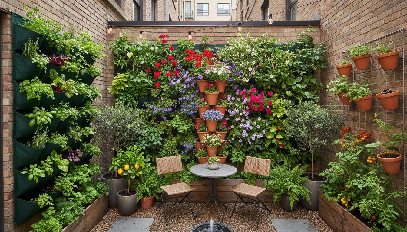 Lush urban patio with diverse vertical gardens covering a wall, featuring herbs, flowers, and vegetables in fabric pockets, modular systems, and stack