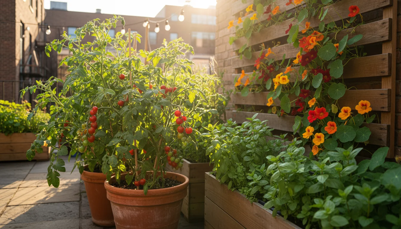 Lush urban patio garden with thriving cherry tomatoes, herbs, and nasturtiums in diverse containers, bathed in warm, dappled sunlight.