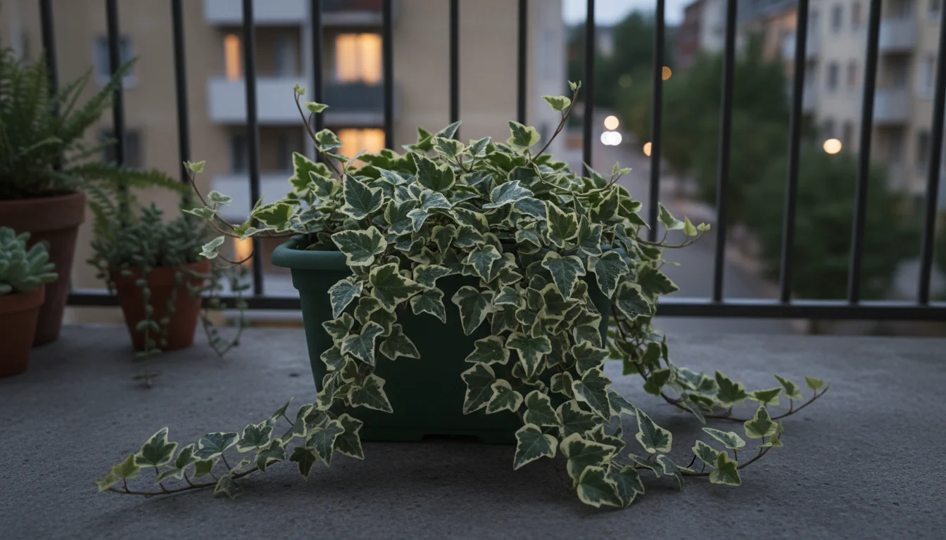 Lush variegated English Ivy with green and white leaves spills vigorously from a simple dark pot on a shaded urban balcony.