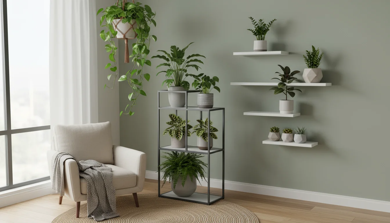 A lush vertical garden in an apartment corner with soft light. Features a cascading Pothos, tiered plant stand with assorted foliage, and wall shelves