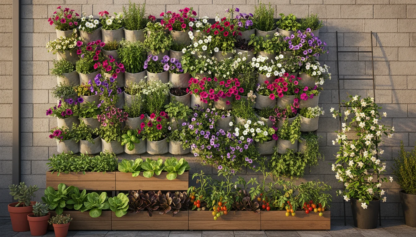 Lush vertical garden on a brick patio wall, featuring fabric pockets of flowers/herbs, tiered edible planters, and a climbing jasmine trellis.