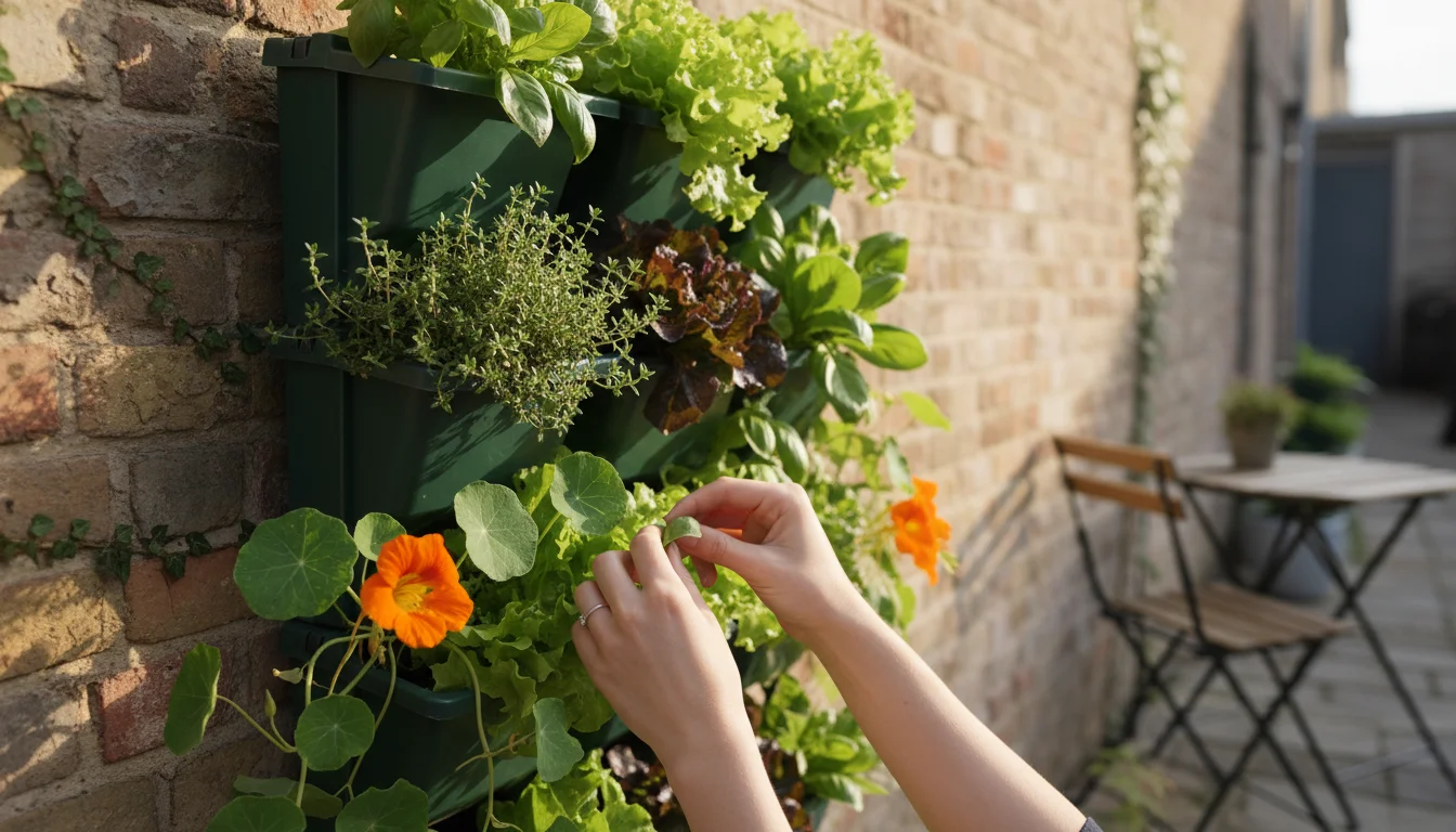 Lush vertical garden on a brick wall, filled with herbs and greens. Hands harvest basil, illustrating small-space abundance.
