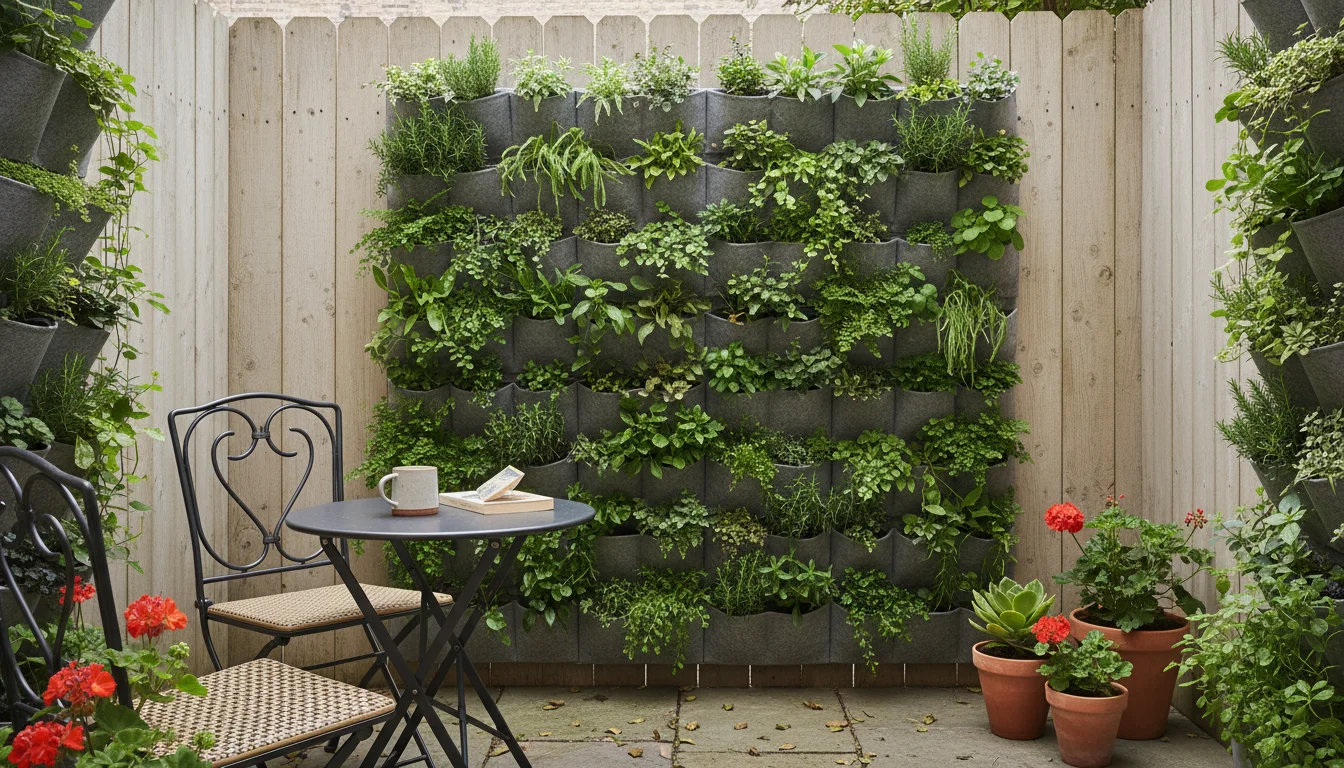 Lush vertical garden on a small urban patio fence, featuring diverse plants in fabric pocket planters, creating an effective privacy screen.