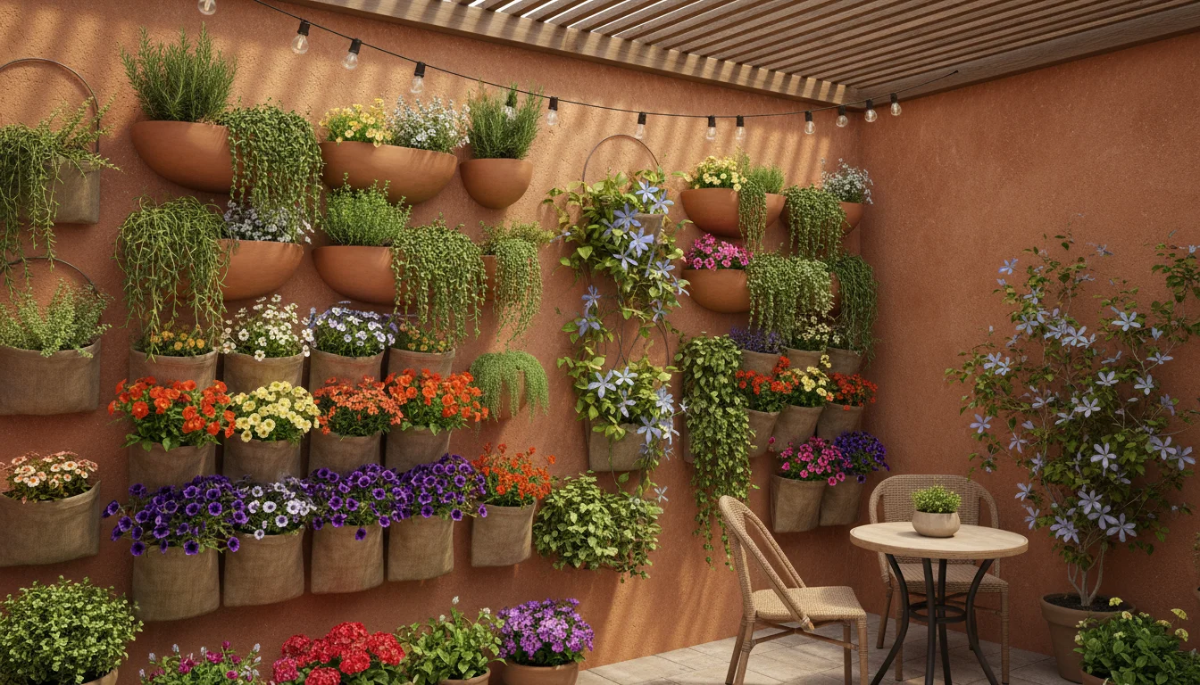 Lush vertical garden on a textured stucco wall, featuring wall-mounted pots with cascading herbs and flowers, and climbing vines, all bathed in warm g