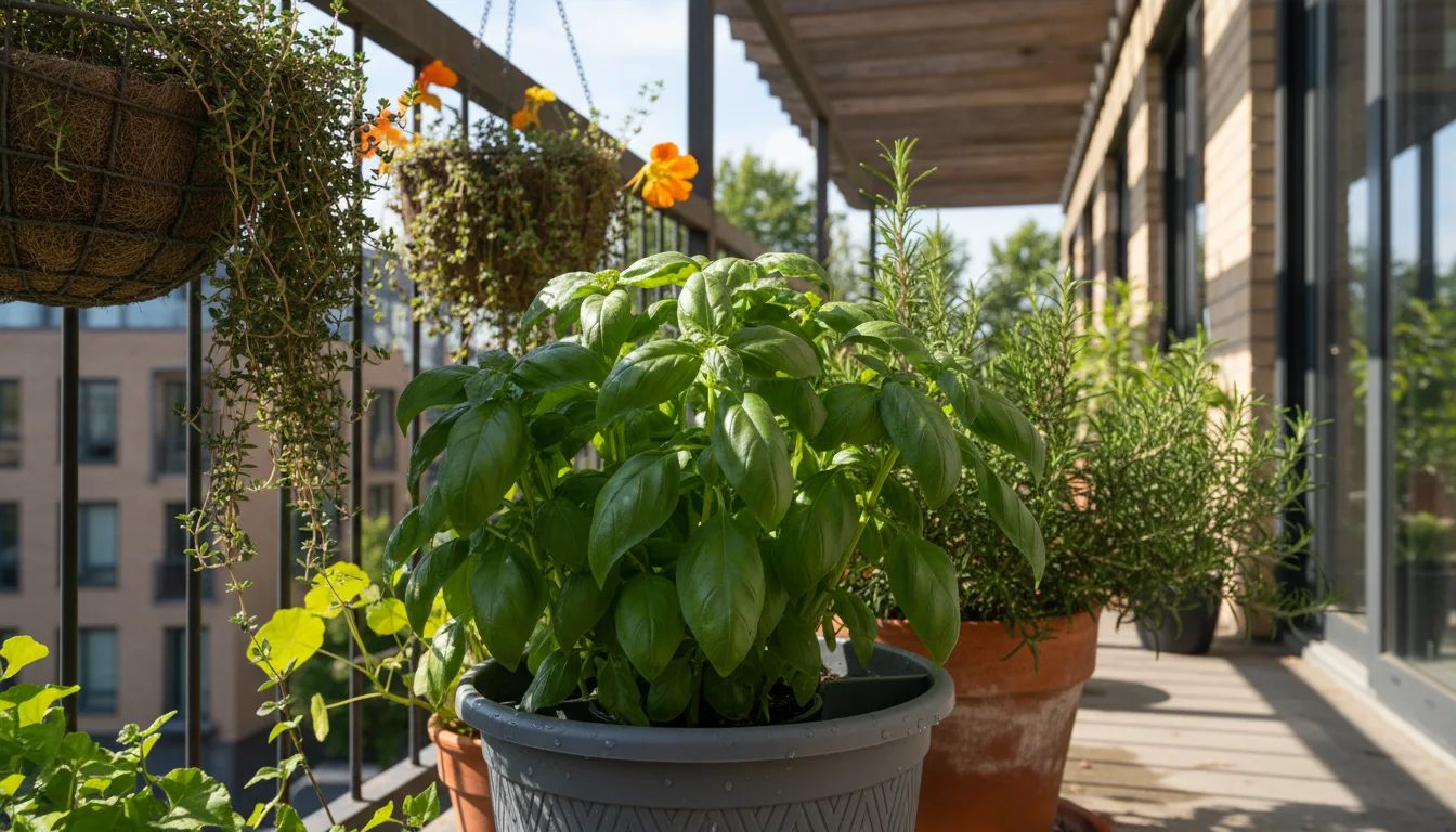 Lush, vibrant basil, cherry tomato, and rosemary herbs thrive in self-watering containers on a sun-dappled urban balcony.