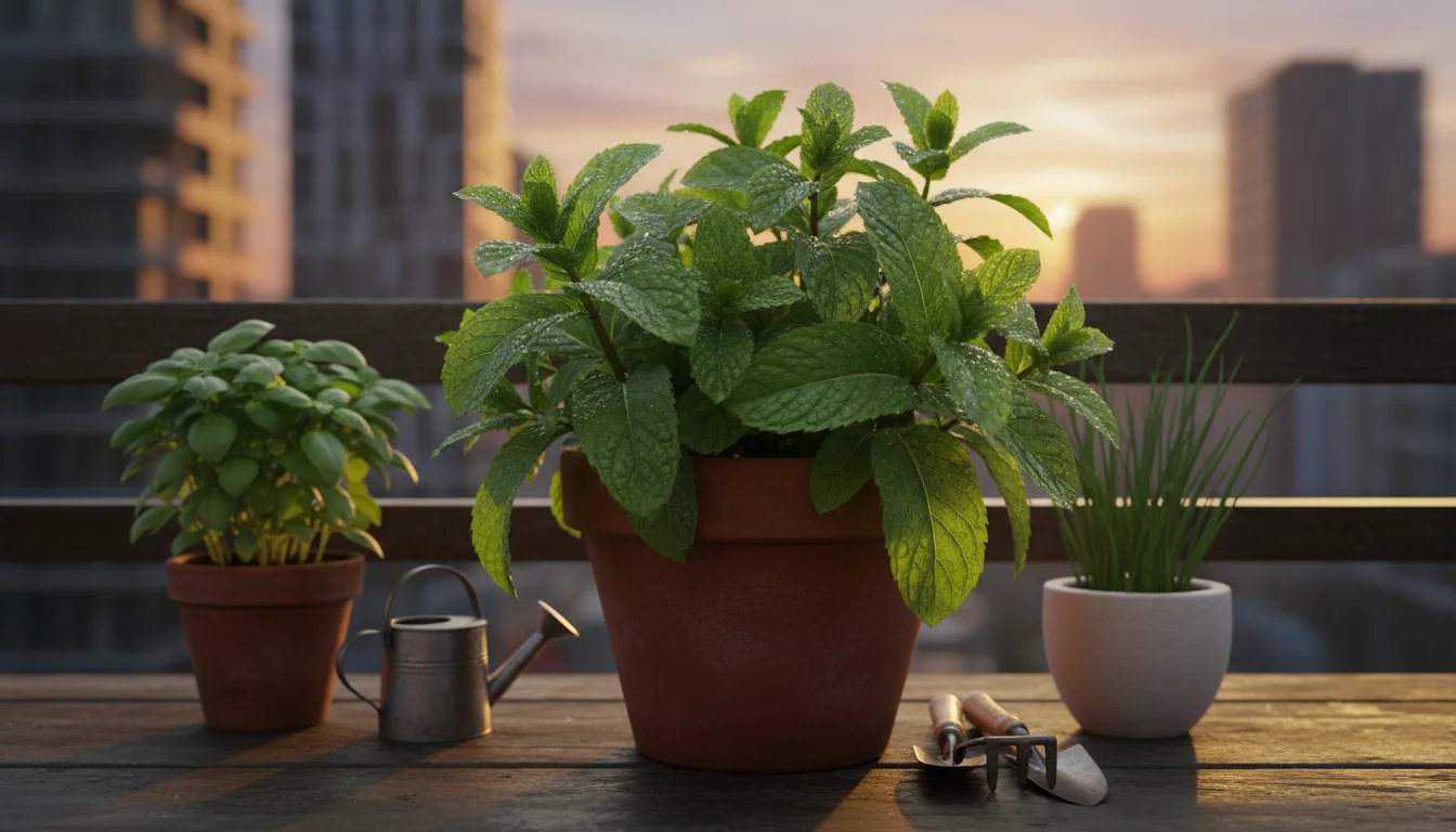 A lush, vibrant mint plant overflows a terracotta pot on an urban balcony railing, surrounded by smaller herb pots in golden sunlight.