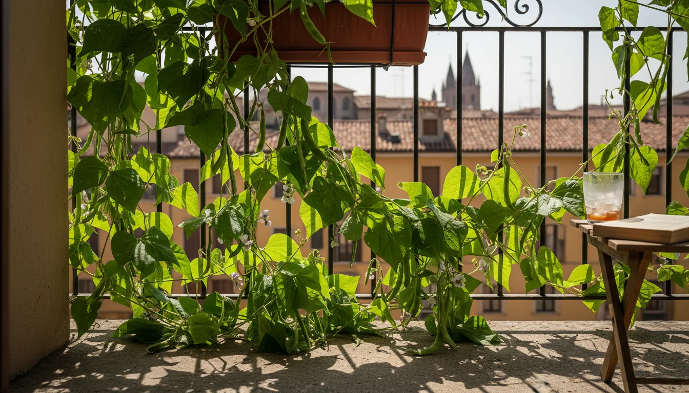 Lush vining bean plants form a green curtain on an urban balcony. Dappled sunlight on concrete floor, city buildings in background.