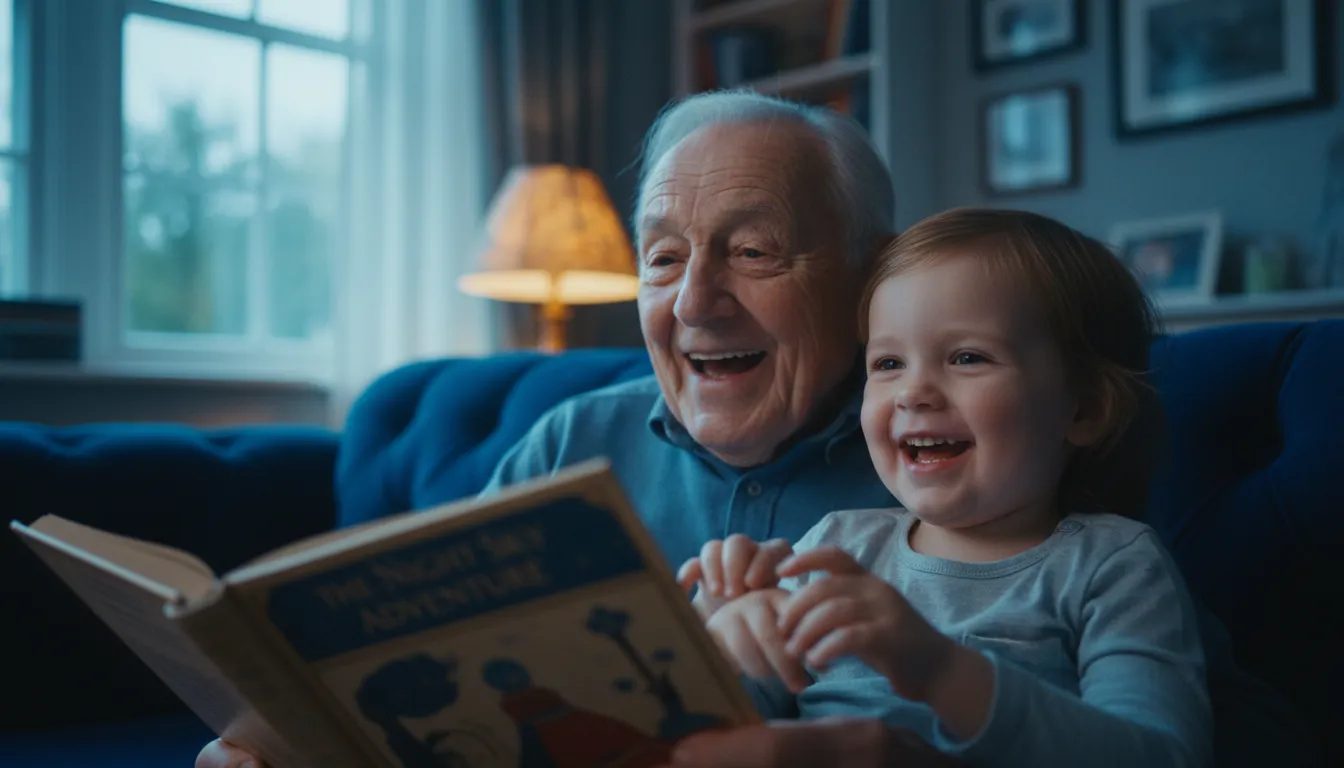 Close up of a grandparent and grandchild smiling while reading a storybook together on a sofa in low blue light.